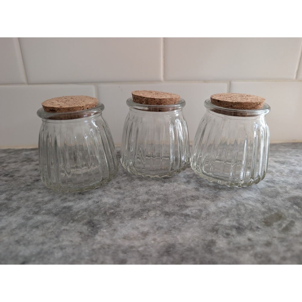 Brand New Ribbed Glass Jar With Cork Lid Small Set Of 3